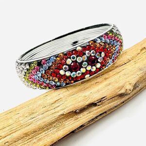 Vintage Wide Domed Multi Color Rhinestone Bangle Bracelet
